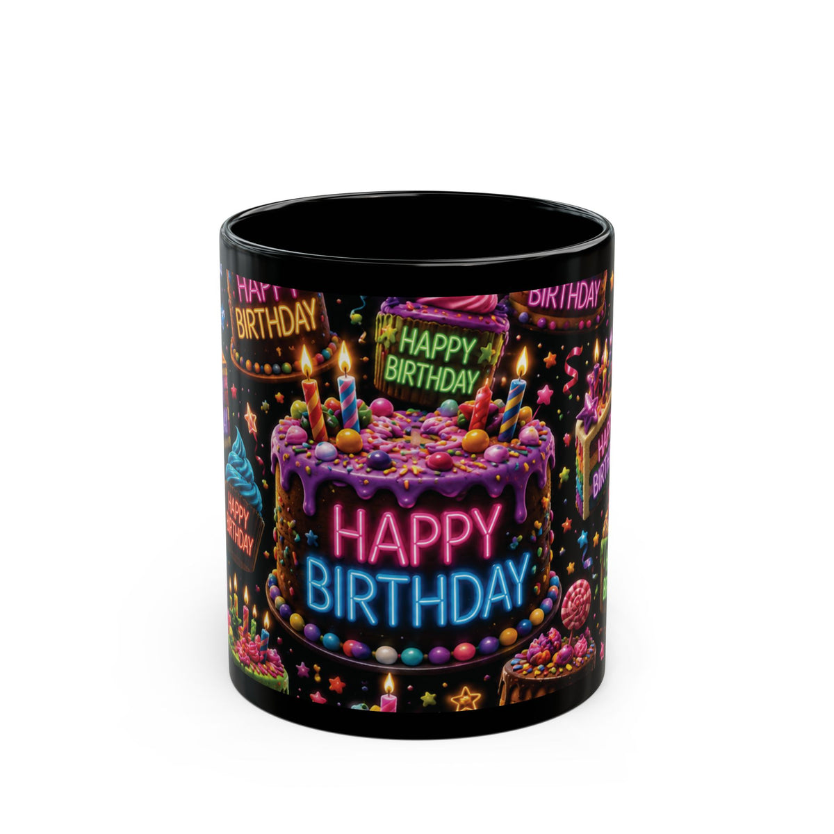 Happy Birthday Neon Cake Black Mug — Colorful Party Coffee Cup (11oz/15oz)