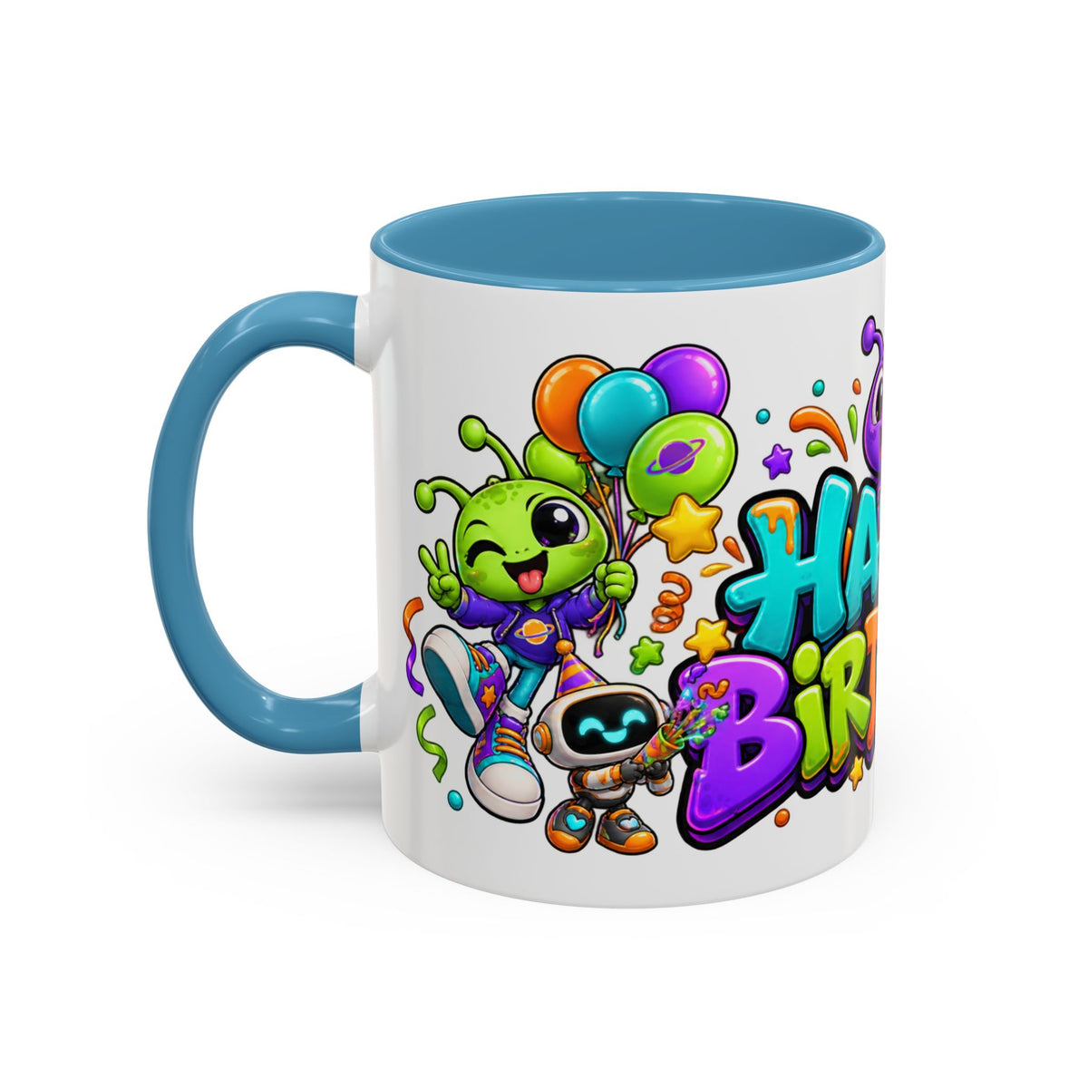 Happy Birthday Alien Mug – Colorful Space Party Cup with Cute Aliens & Robots