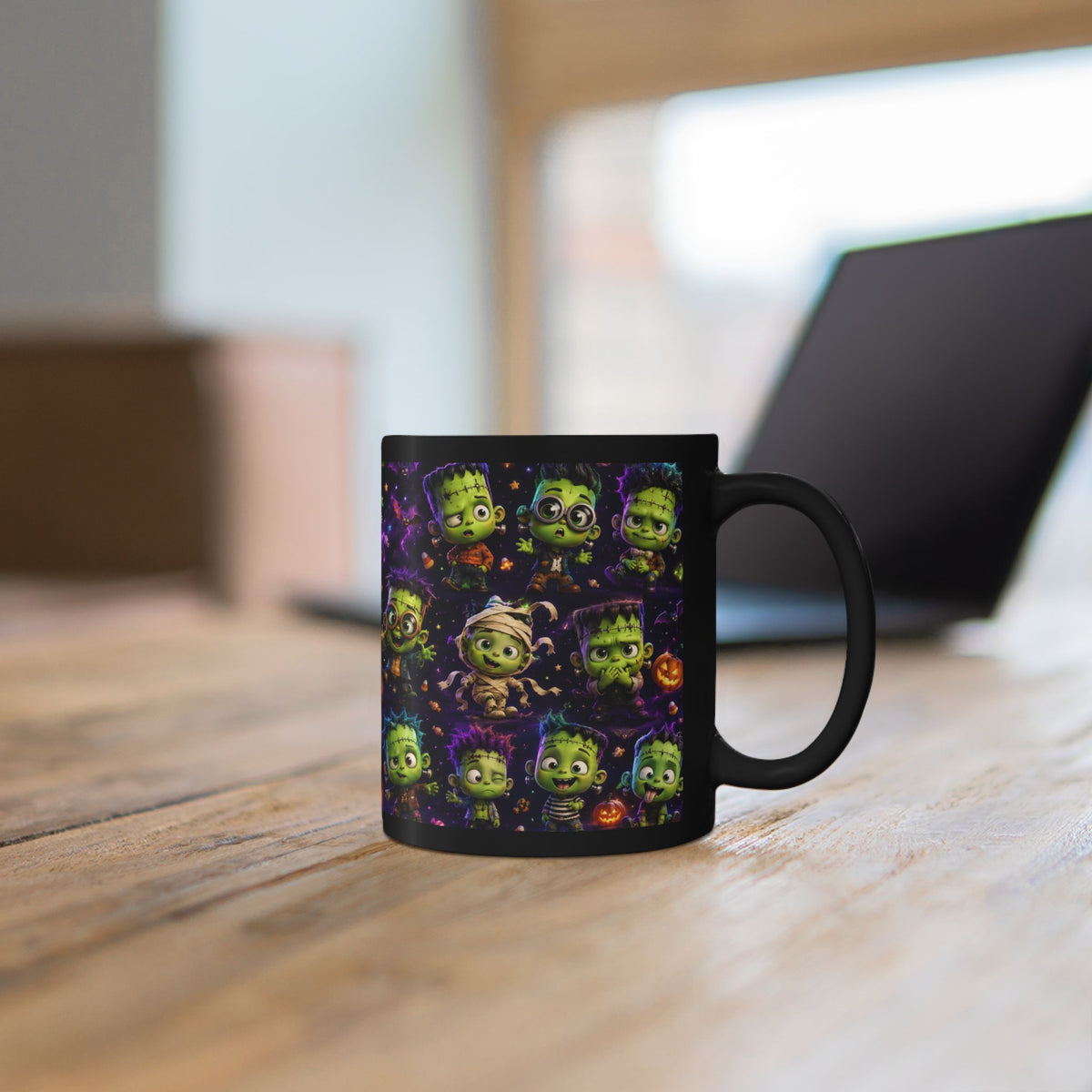 Cute Frankenstein Halloween Mug — Black Ceramic Coffee Cup with Cartoon Monsters & Pumpkins (11oz/15oz)