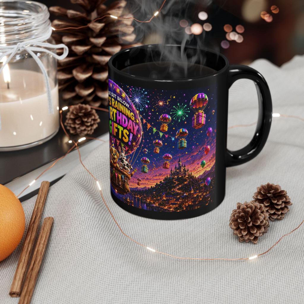 Birthday Gifts Hot Air Balloon Black Mug – "It's Raining Birthday Gifts" (11oz)