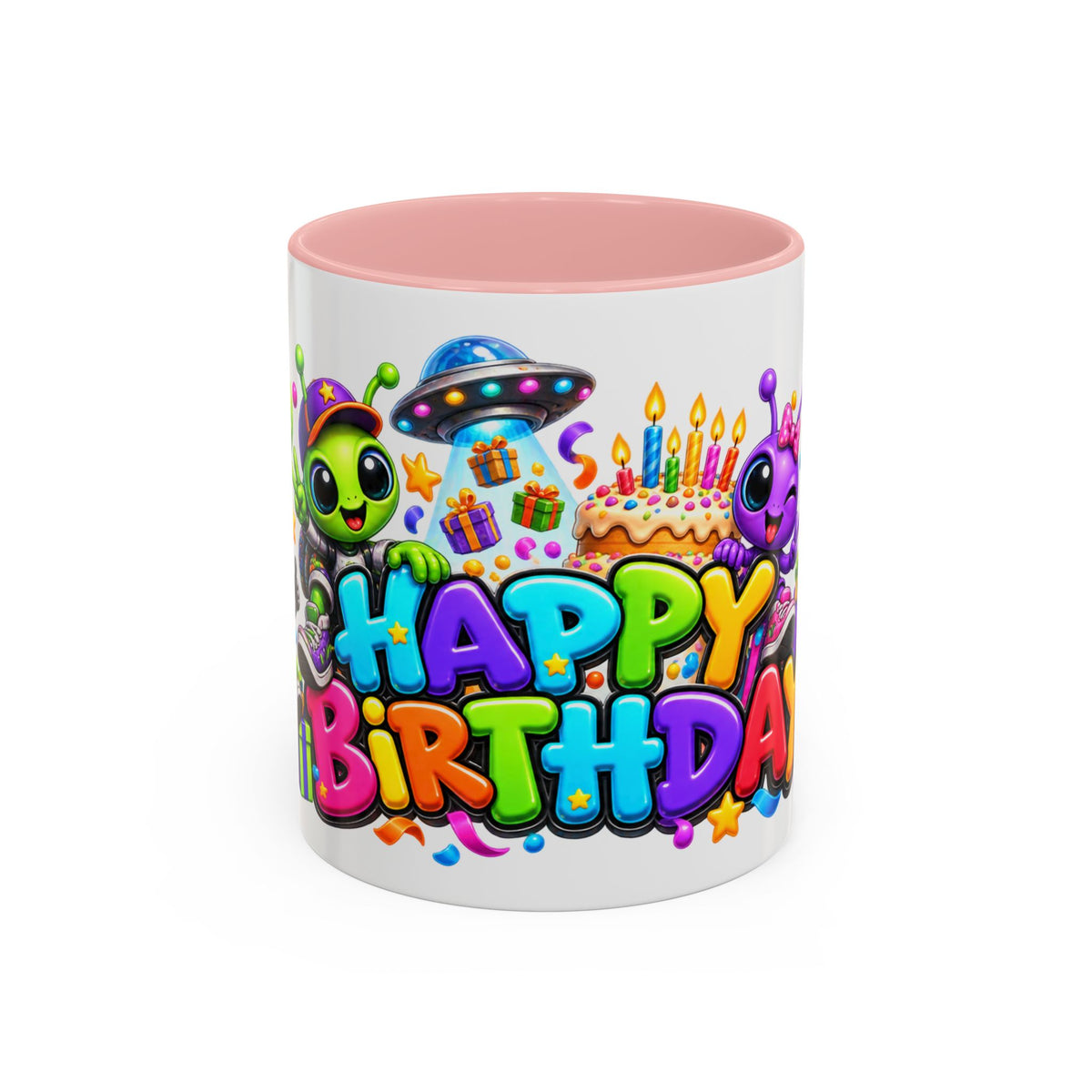 Happy Birthday Space Party Mug – Cute Aliens, Robots, UFO & Colorful 3D Birthday Design
