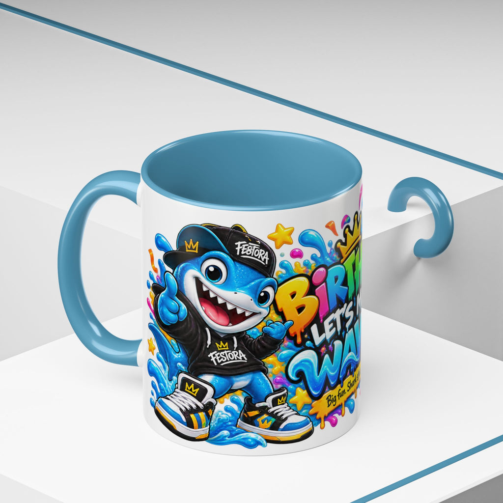 BIRTHDAY? LET’S MAKE WAVES! White Ceramic Mug – Funny Shark Birthday Coffee Cup – Original FestoraShop Design