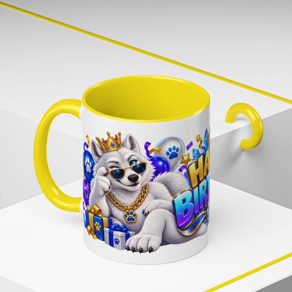 White Wolf Happy Birthday Mug – Blue Purple & Gold Birthday Gift – FestoraShop White Coffee Mug