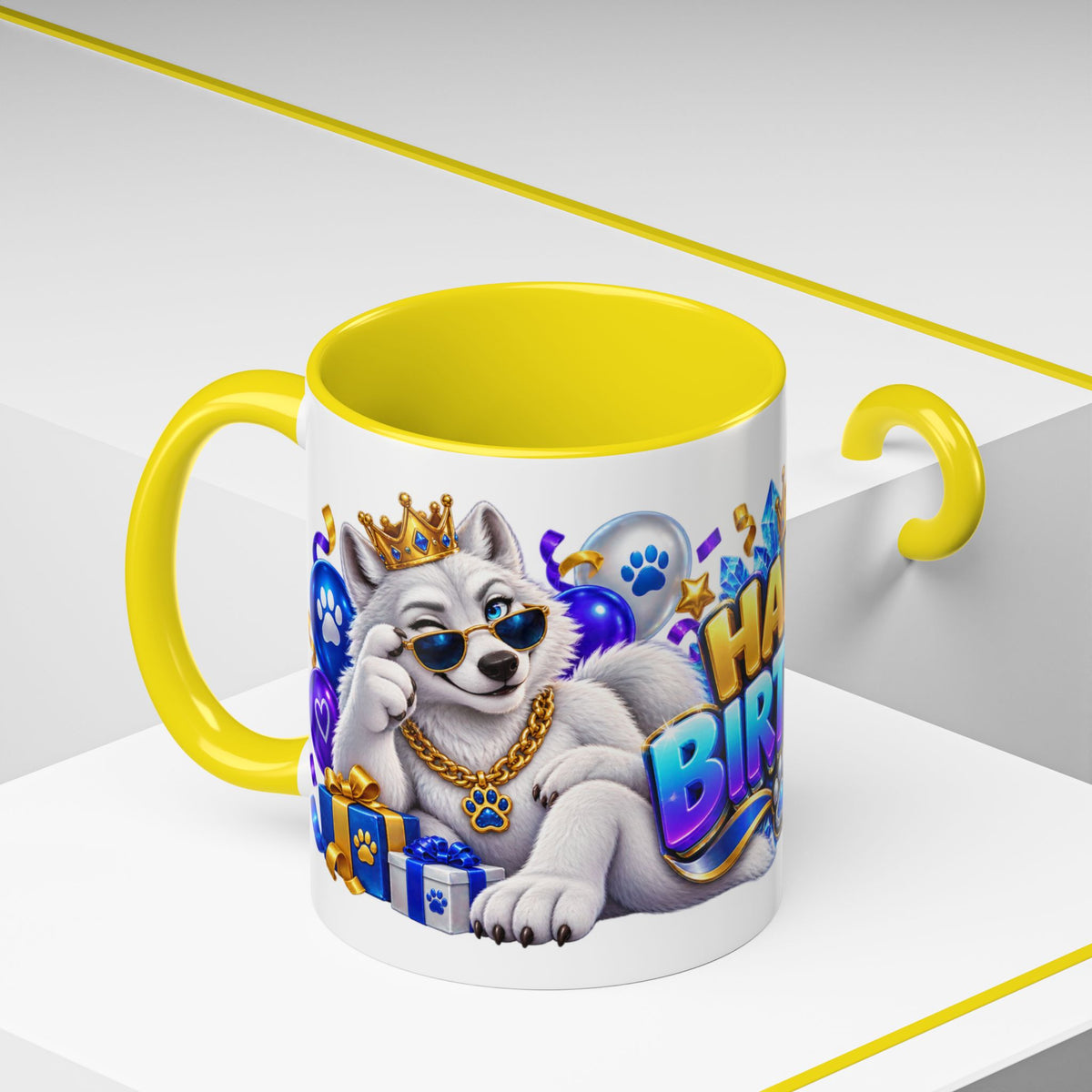 White Wolf Happy Birthday Mug – Blue Purple & Gold Birthday Gift – FestoraShop White Coffee Mug