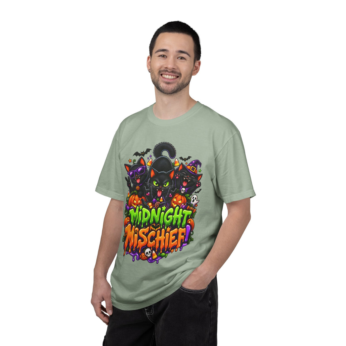 Midnight Mischief Halloween T-Shirt – Funny Black Cat Graphic Tee