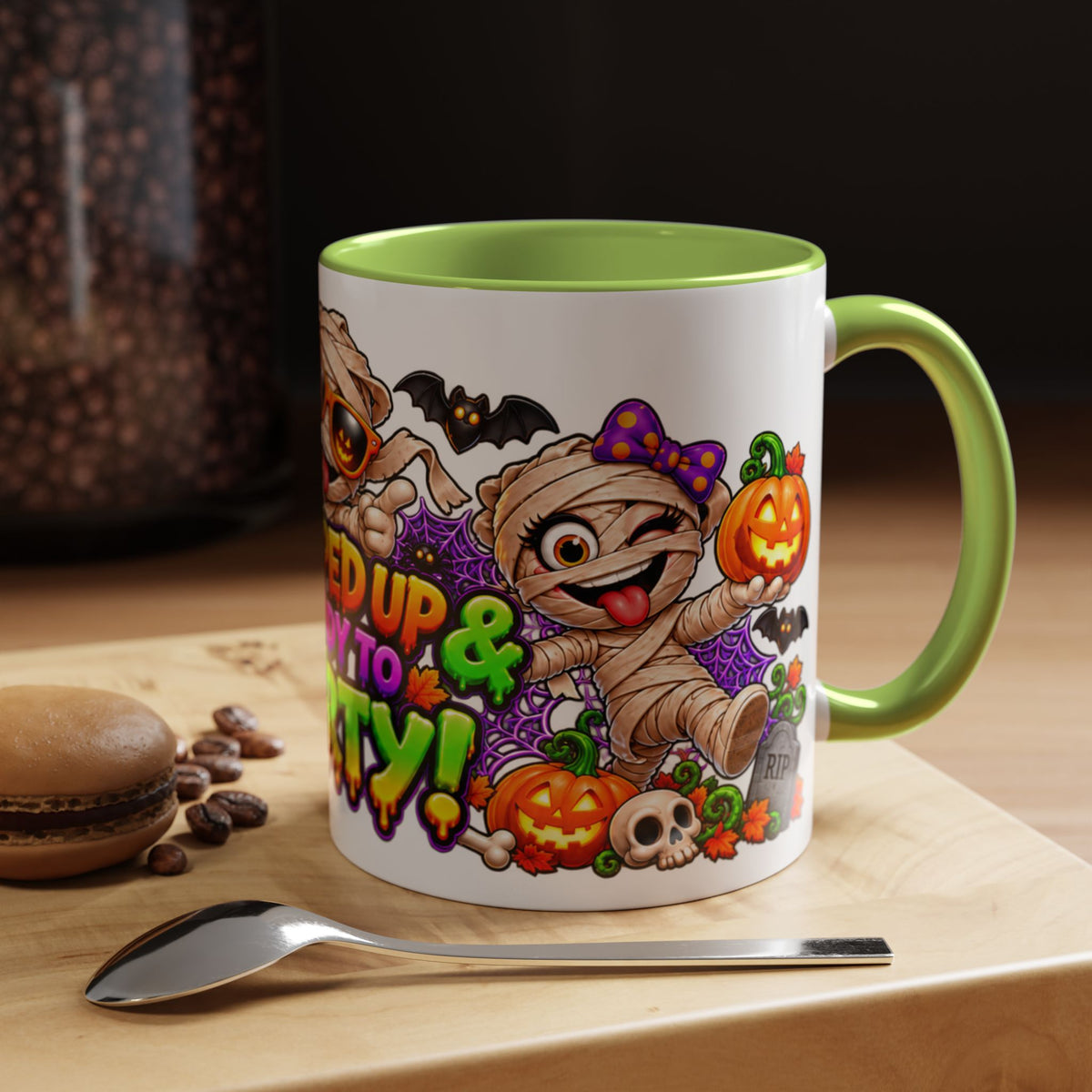 Wrapped Up & Ready to Party White Mug – Funny Mummies & Spooky Party Design