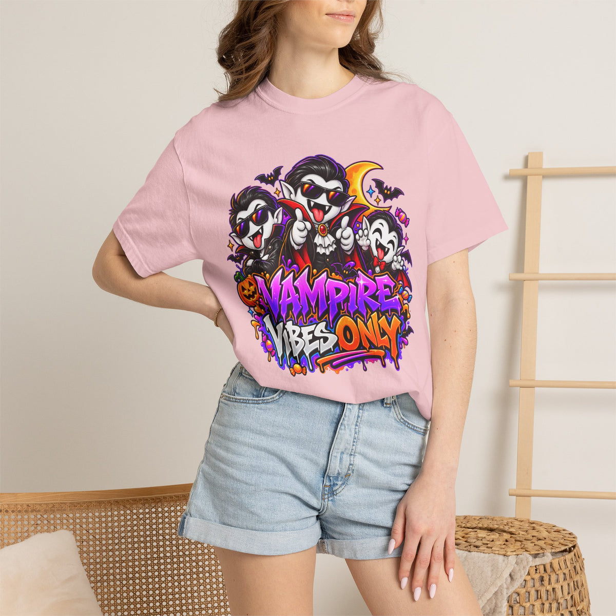 Neon Vampire Vibes Halloween Unisex Garment-Dyed T-Shirt Featuring a Cool Festora Vampire Crew