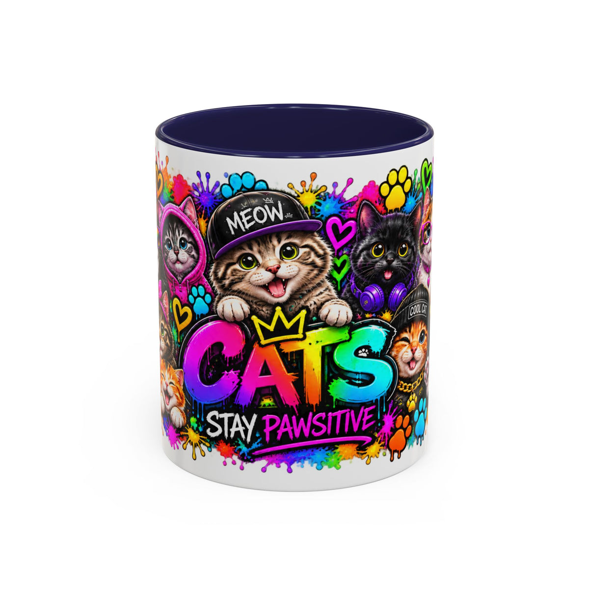 Cats Stay Pawsitive Accent Coffee Mug – Colorful Cute Cat Paw Print Design (11oz)