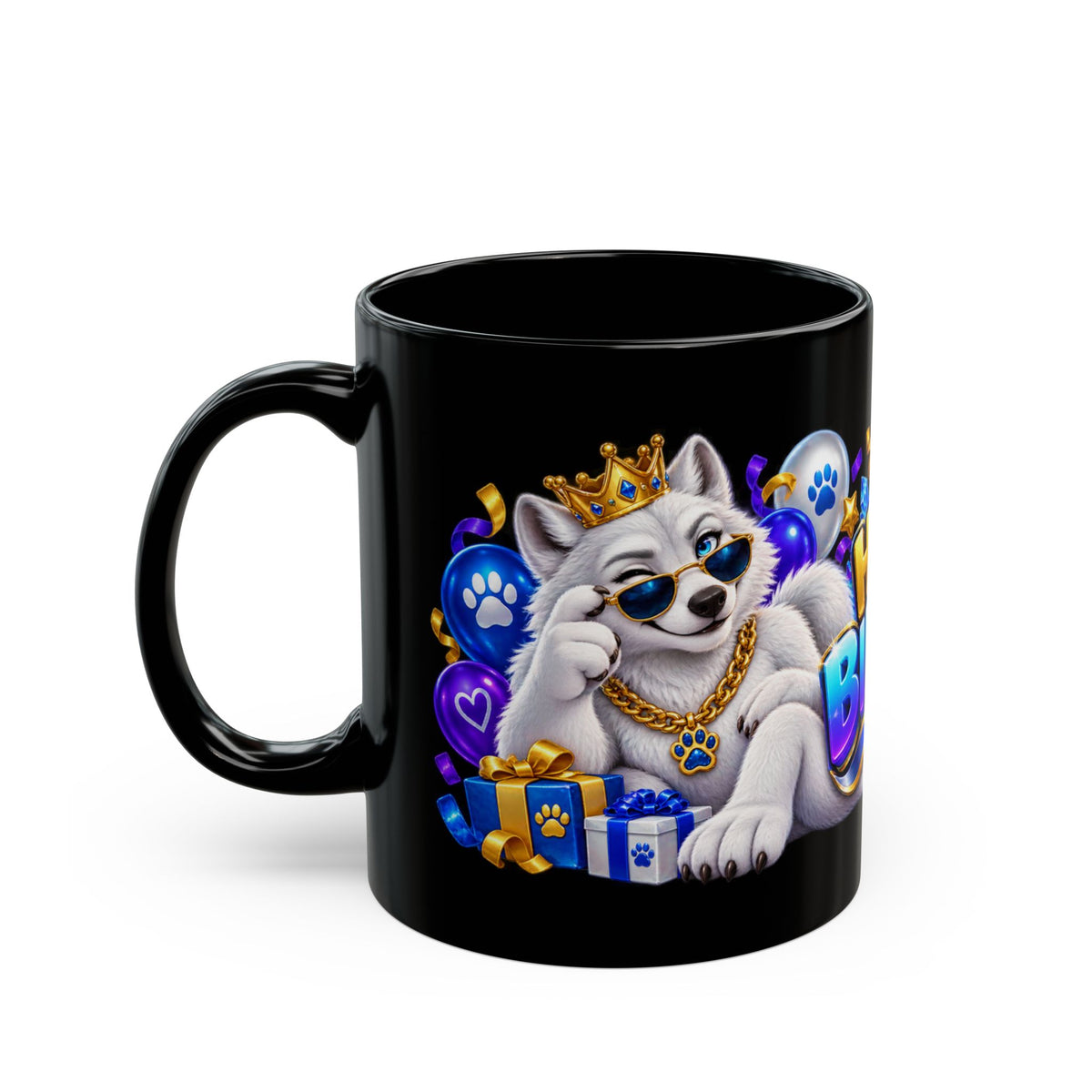 White Wolf Happy Birthday Mug – Blue Purple & Gold Birthday Design – FestoraShop Black Coffee Mug