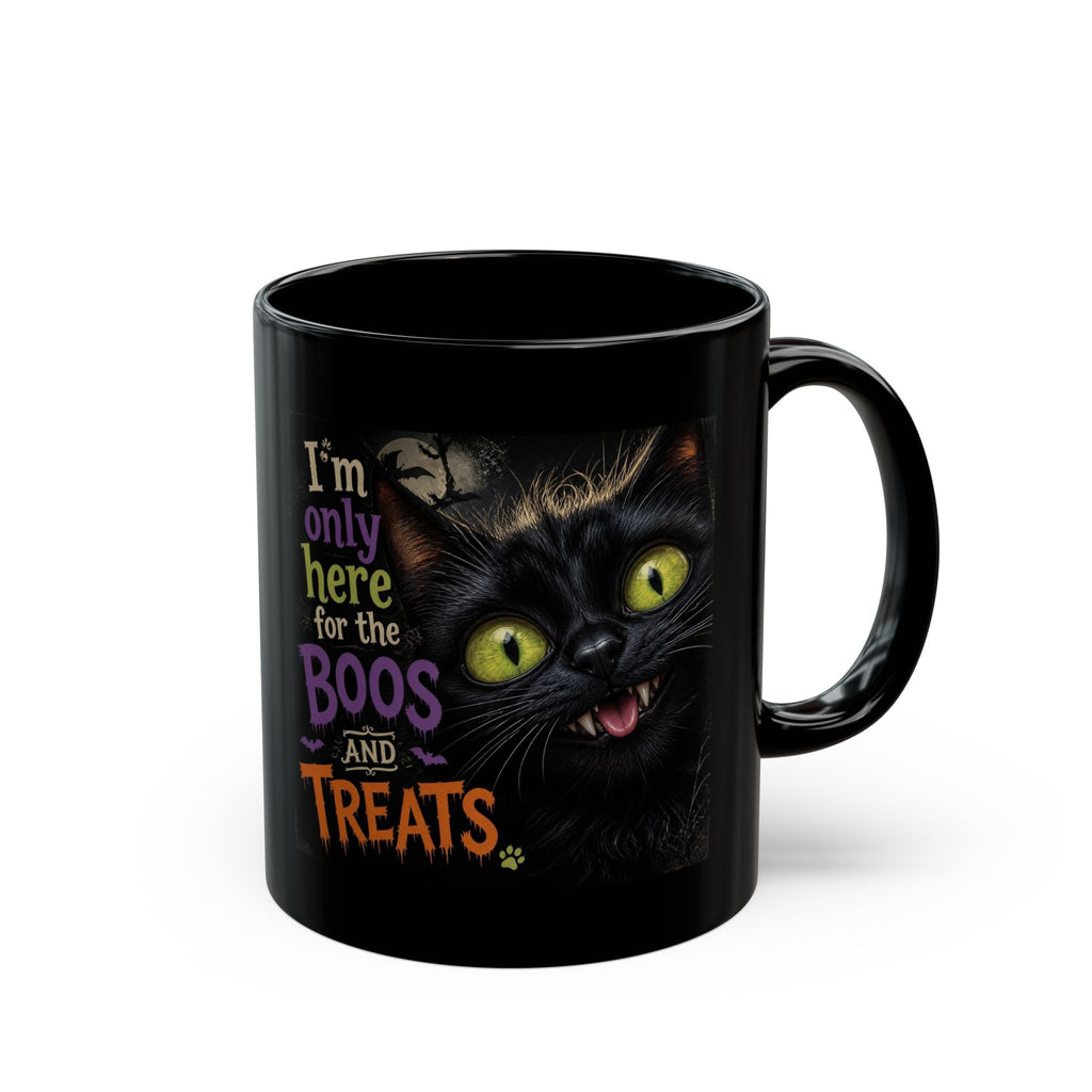 Halloween Cat Mug — "I'm Only Here for the Boos and Treats" Black Coffee Cup
