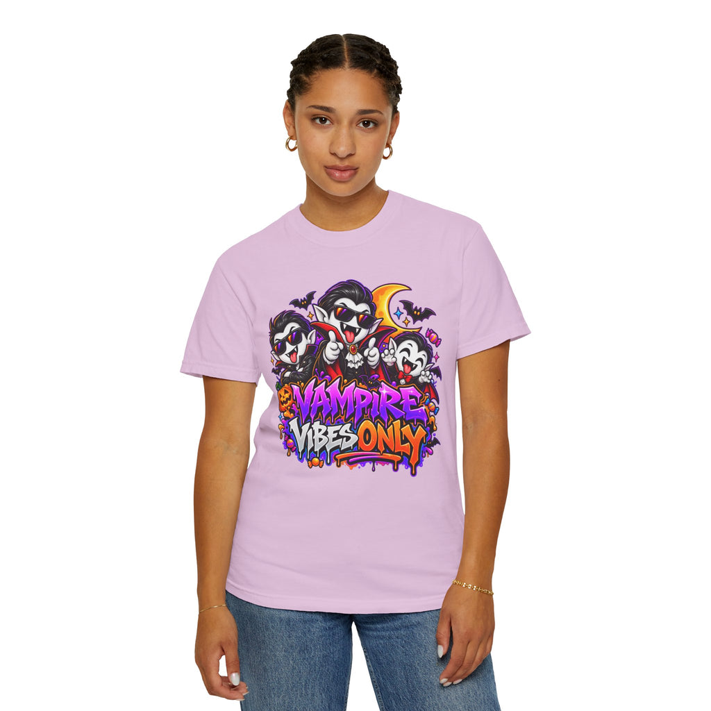 Neon Vampire Vibes Halloween Unisex Garment-Dyed T-Shirt Featuring a Cool Festora Vampire Crew