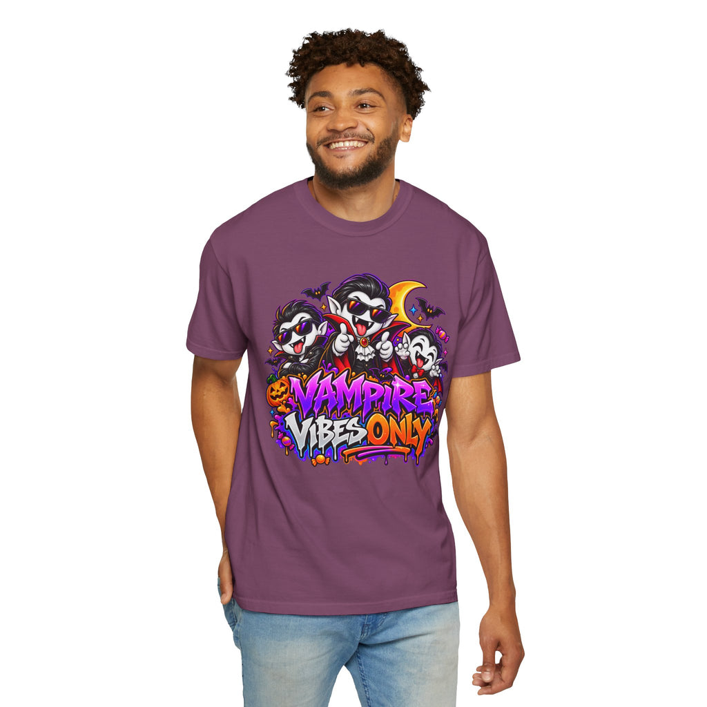 Neon Vampire Vibes Halloween Unisex Garment-Dyed T-Shirt Featuring a Cool Festora Vampire Crew