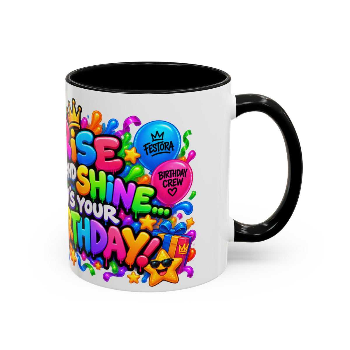 RISE AND SHINE… IT’S YOUR BIRTHDAY! White Ceramic Mug – Funny Rooster Birthday Coffee Cup – Colorful Party Gift – Original FestoraShop Design