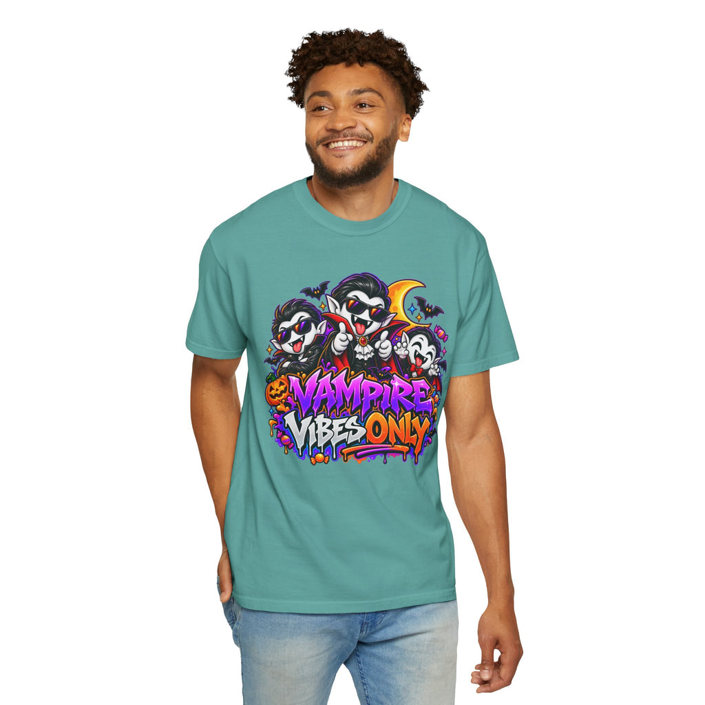 Neon Vampire Vibes Halloween Unisex Garment-Dyed T-Shirt Featuring a Cool Festora Vampire Crew