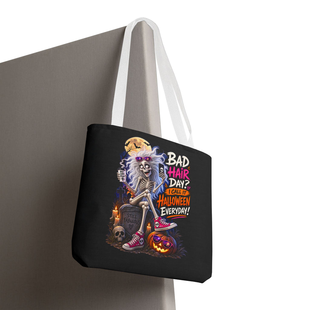 Halloween Skeleton Tote Bag — "Bad Hair Day? I Call It Halloween Everyday" Graphic