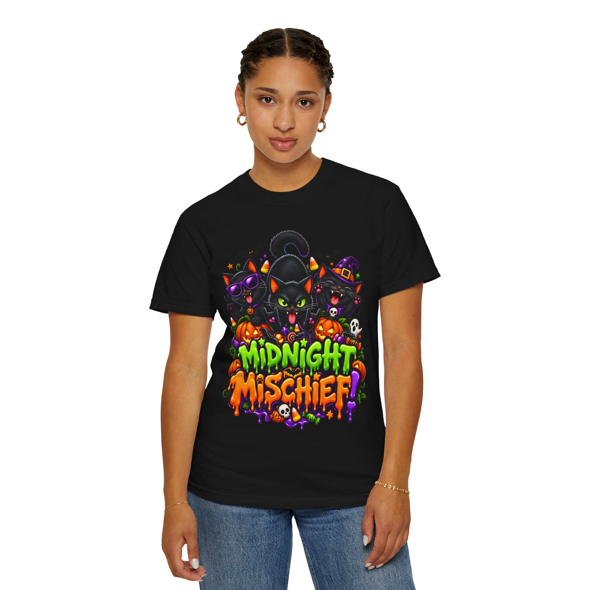 Midnight Mischief Halloween T-Shirt – Funny Black Cat Graphic Tee