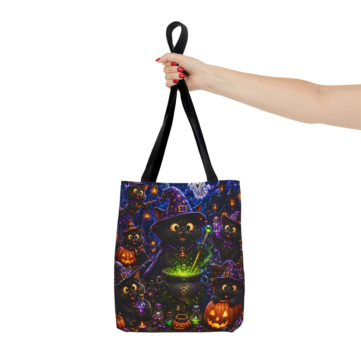 Halloween Black Cat Witches Tote Bag — Cute 3D Cats, Cauldron & Pumpkins Design