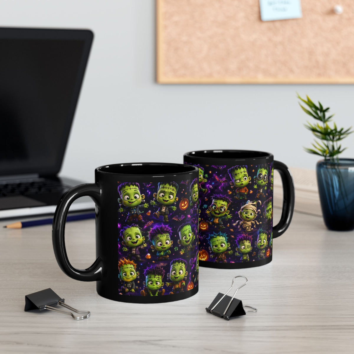 Cute Frankenstein Halloween Mug — Black Ceramic Coffee Cup with Cartoon Monsters & Pumpkins (11oz/15oz)