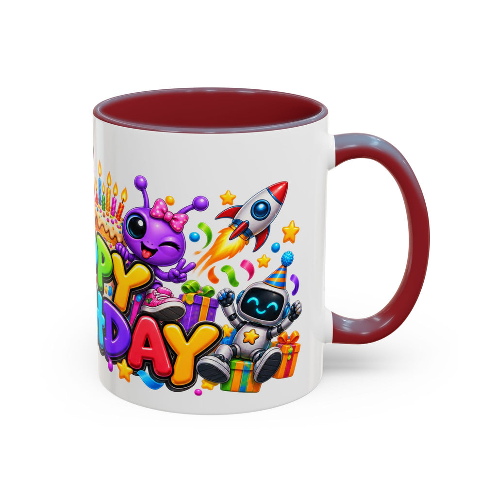 Happy Birthday Space Party Mug – Cute Aliens, Robots, UFO & Colorful 3D Birthday Design