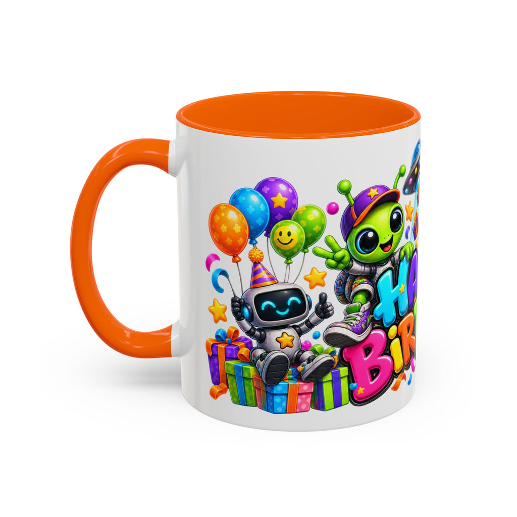 Happy Birthday Space Party Mug – Cute Aliens, Robots, UFO & Colorful 3D Birthday Design