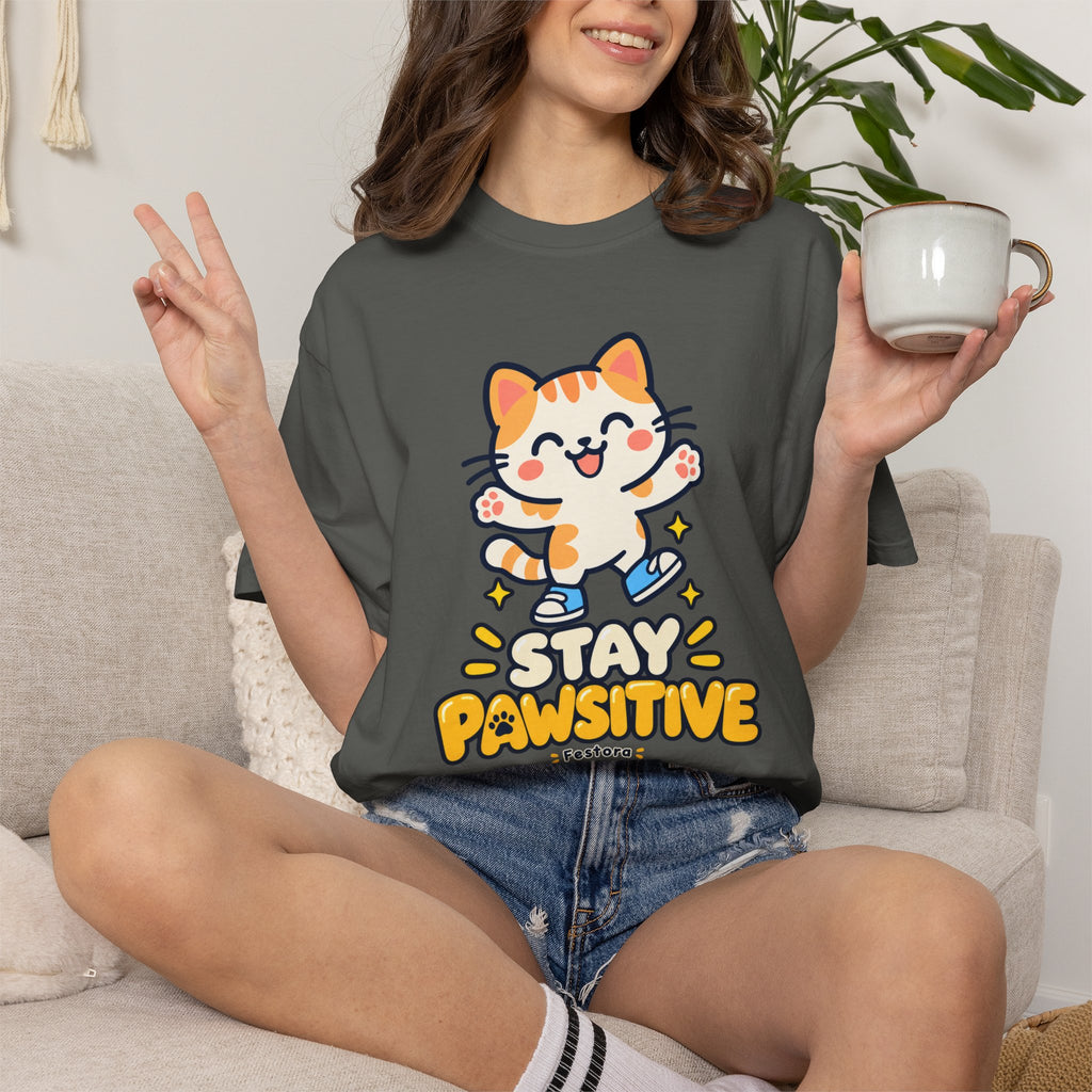 Stay Pawsitive – Cute Happy Cat Graphic T-Shirt