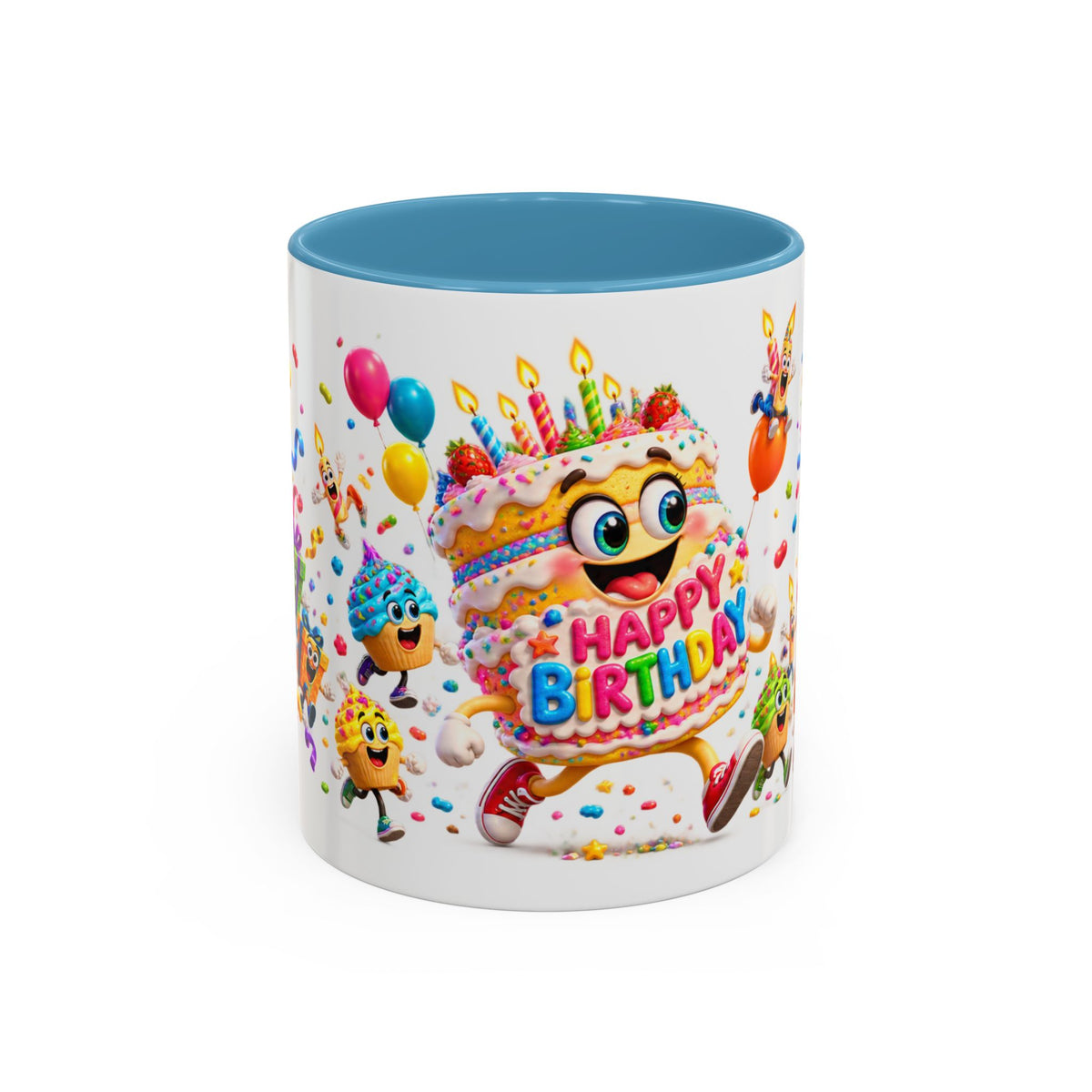 Birthday Party Coffee Mug – Colorful Happy Birthday Cake & Balloon Design (11/15oz Accent Mug)