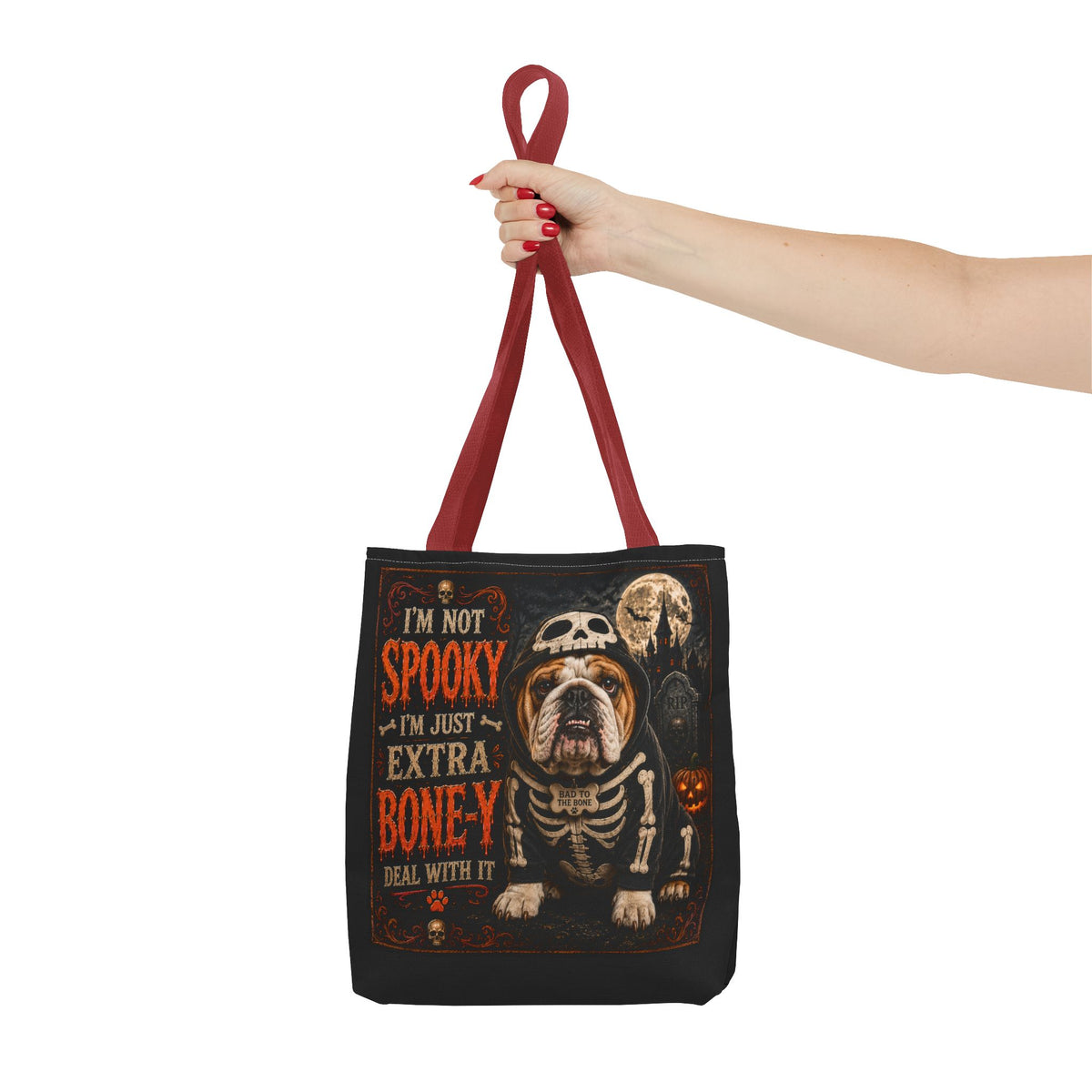Halloween Bulldog Tote Bag – "I’m Not Spooky, I’m Just Extra Boney" All-Over Print