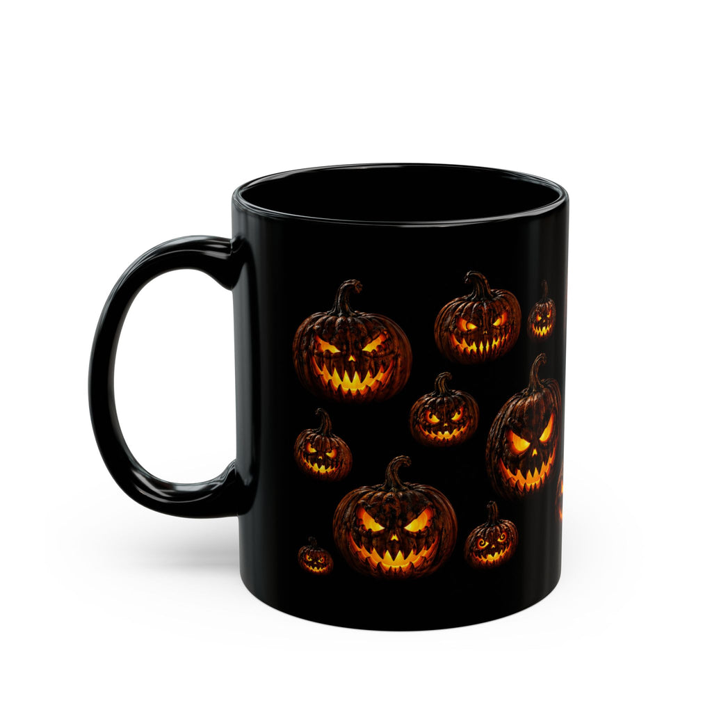 Glowing Evil Jack-O'-Lantern Black Mug - Halloween Pumpkin Wraparound Design (11oz, 15oz)
