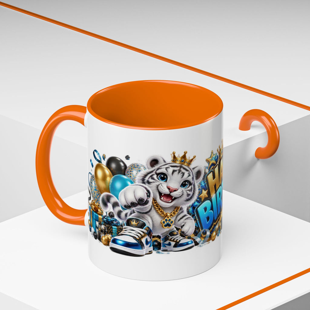 Happy Birthday White Tiger Mug – Colorful 3D Birthday Gift – White Coffee Mug
