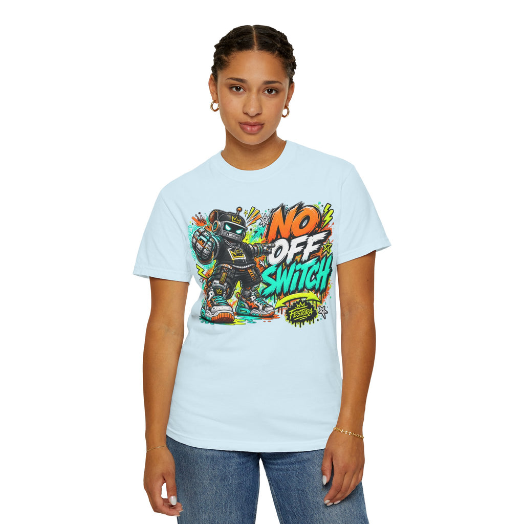 No Off Switch Robot Graphic T-Shirt — Bold Retro Streetwear Design