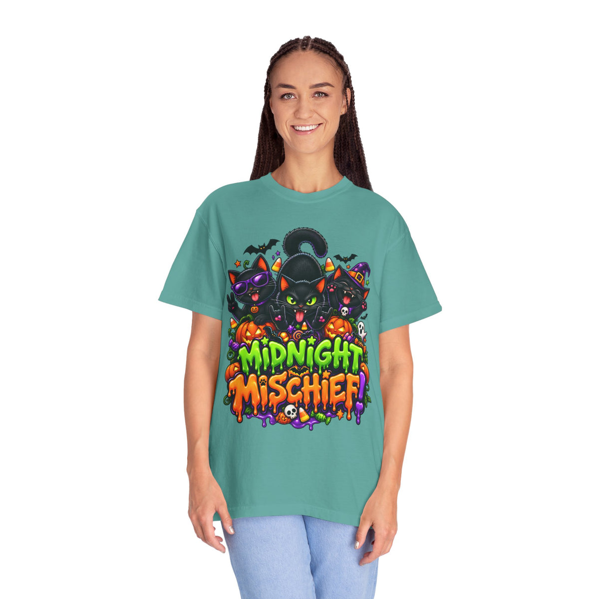 Midnight Mischief Halloween T-Shirt – Funny Black Cat Graphic Tee