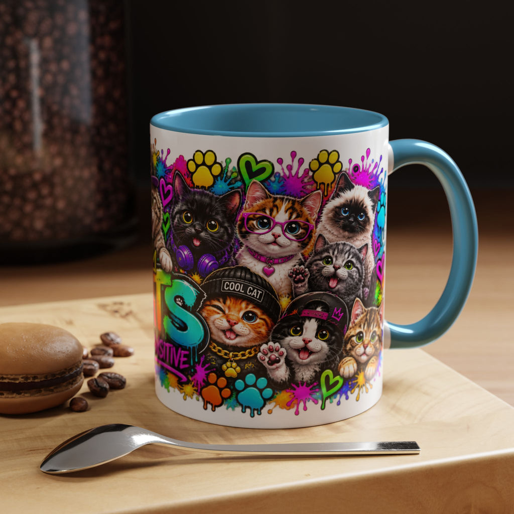 Cats Stay Pawsitive Accent Coffee Mug – Colorful Cute Cat Paw Print Design (11oz)