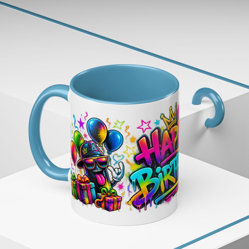 Happy Birthday Accent Coffee Mug – Colorful Graffiti Cake & Balloons (11/15oz)