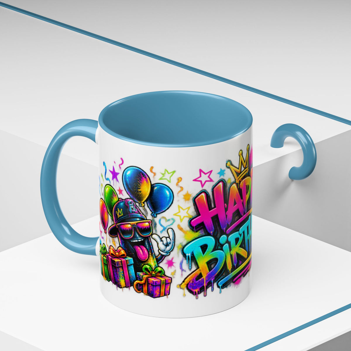 Happy Birthday Accent Coffee Mug – Colorful Graffiti Cake & Balloons (11/15oz)