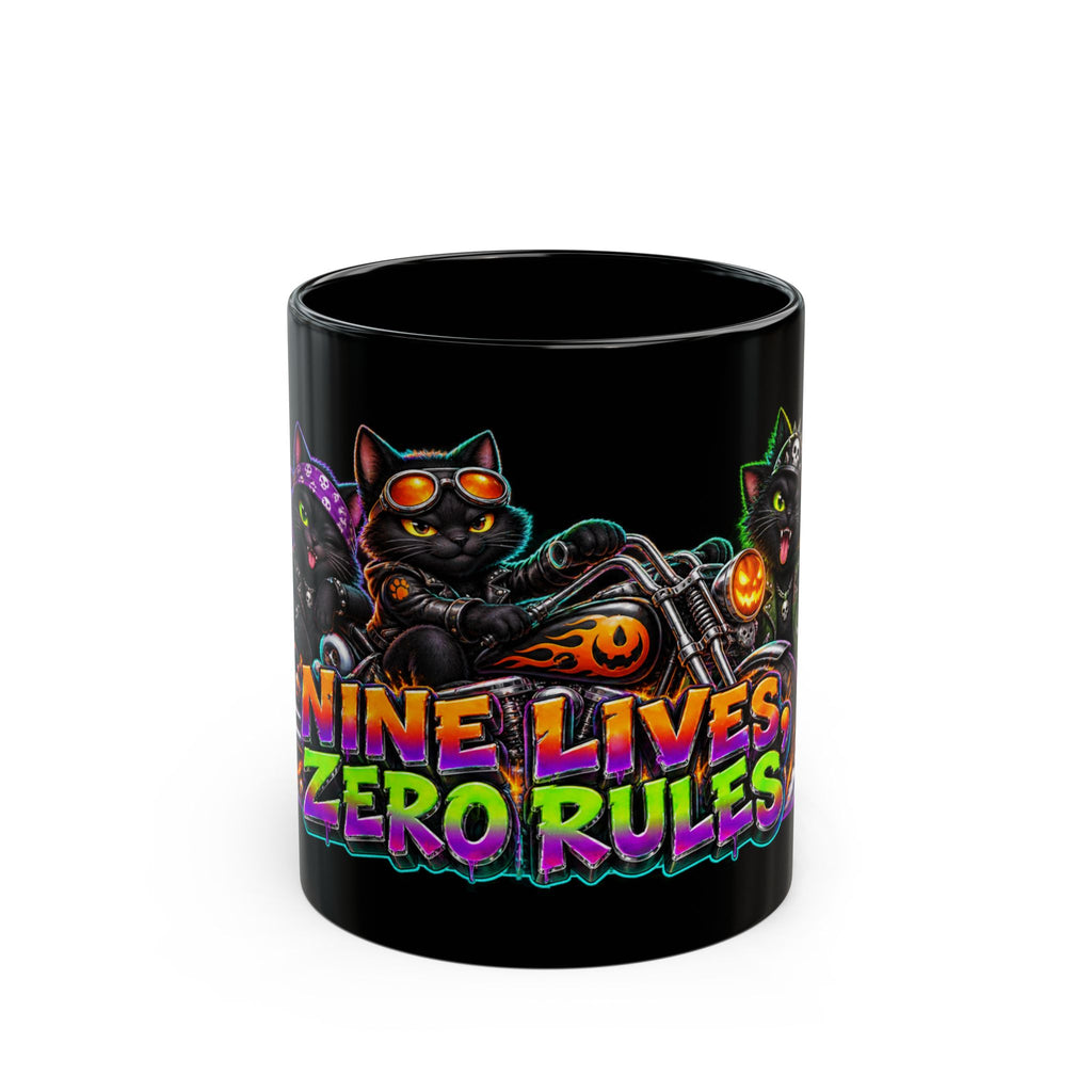 Nine Lives Zero Rules Biker Cats Halloween Black Mug