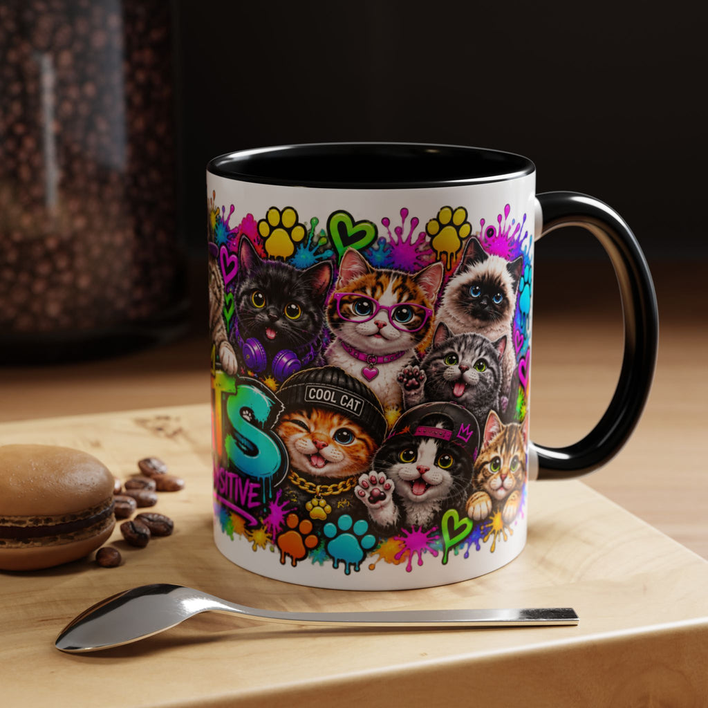 Cats Stay Pawsitive Accent Coffee Mug – Colorful Cute Cat Paw Print Design (11oz)
