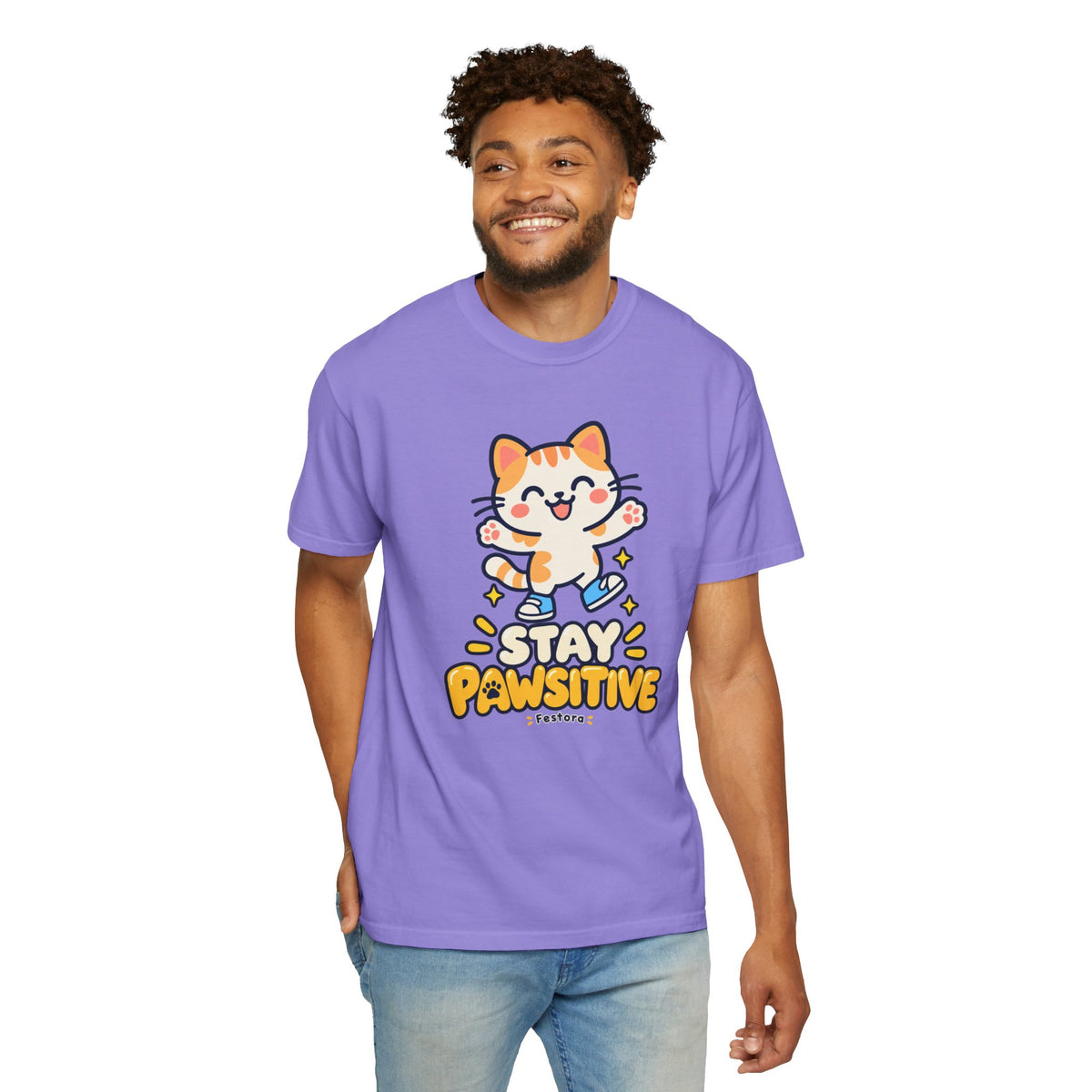 Stay Pawsitive – Cute Happy Cat Graphic T-Shirt