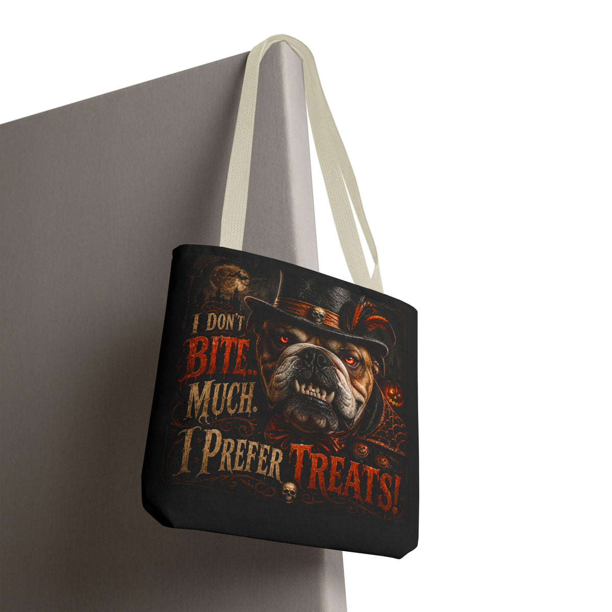 Halloween Bulldog Tote Bag — "I Don't Bite Much, I Prefer Treats" Candy‑Lovers Reusable Bag