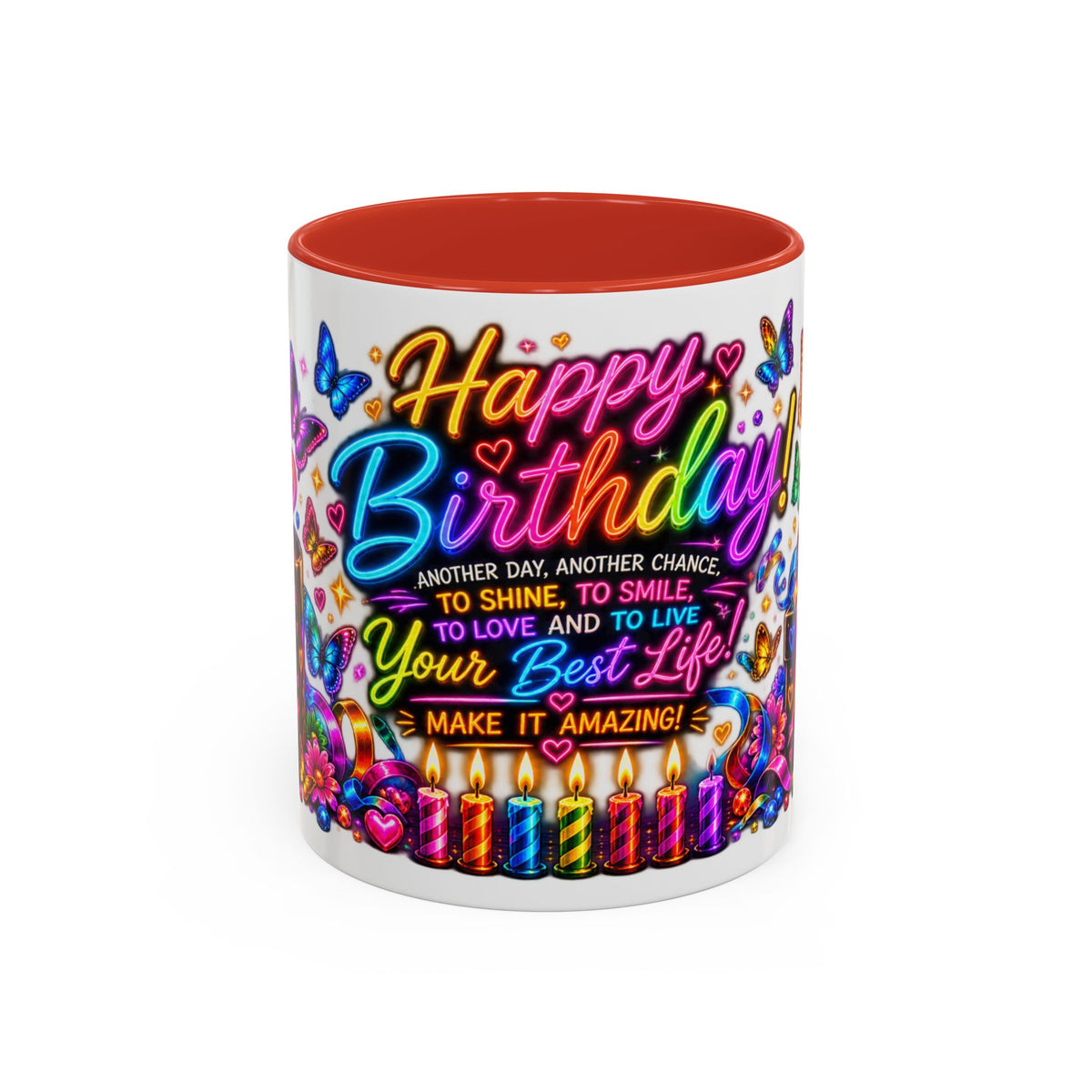 Birthday Coffee Mug – Colorful "Happy Birthday" Gift Mug with Butterflies & Candles