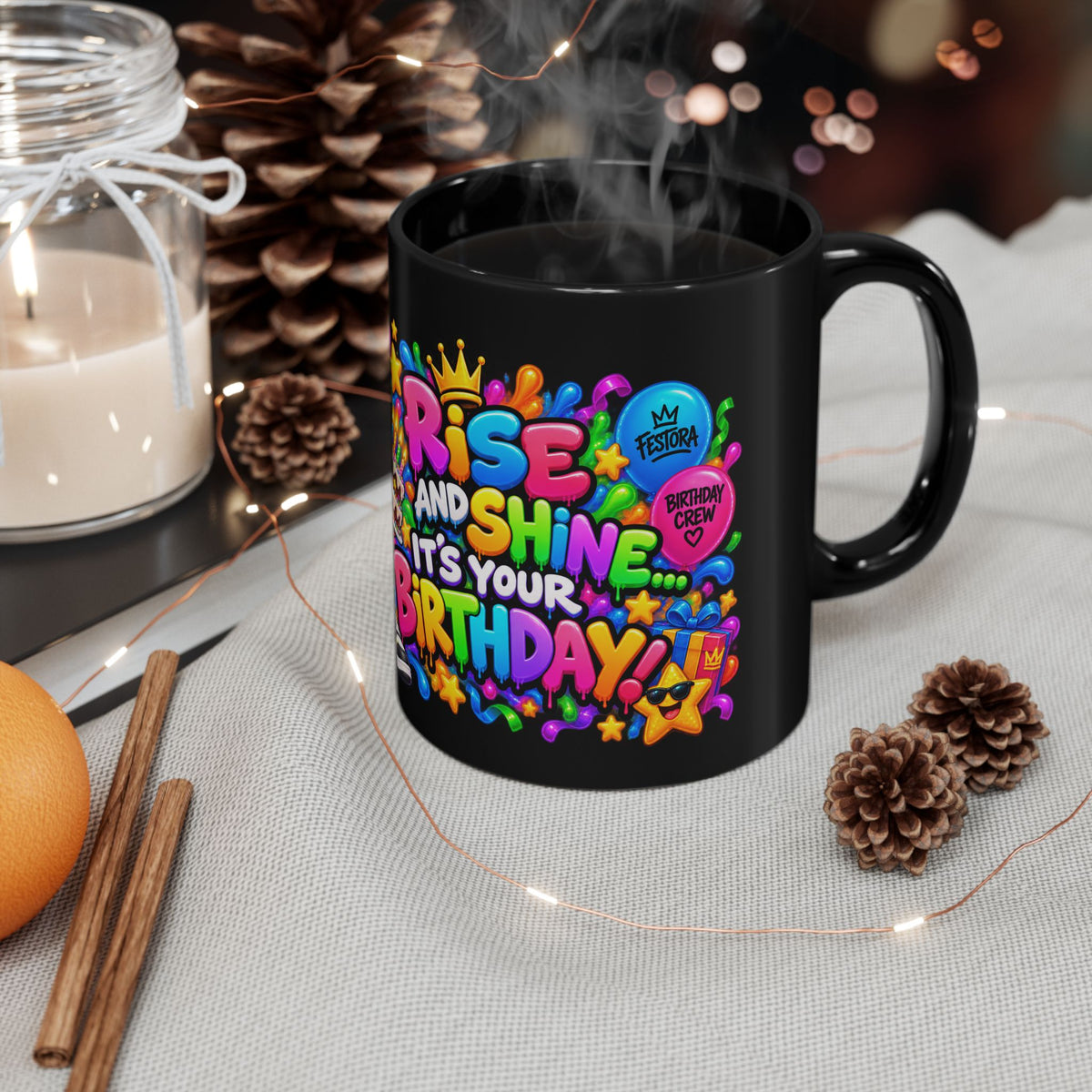 RISE AND SHINE… IT’S YOUR BIRTHDAY! Black Ceramic Mug – Funny Rooster Birthday Coffee Cup – Colorful Party Gift – Original FestoraShop Design