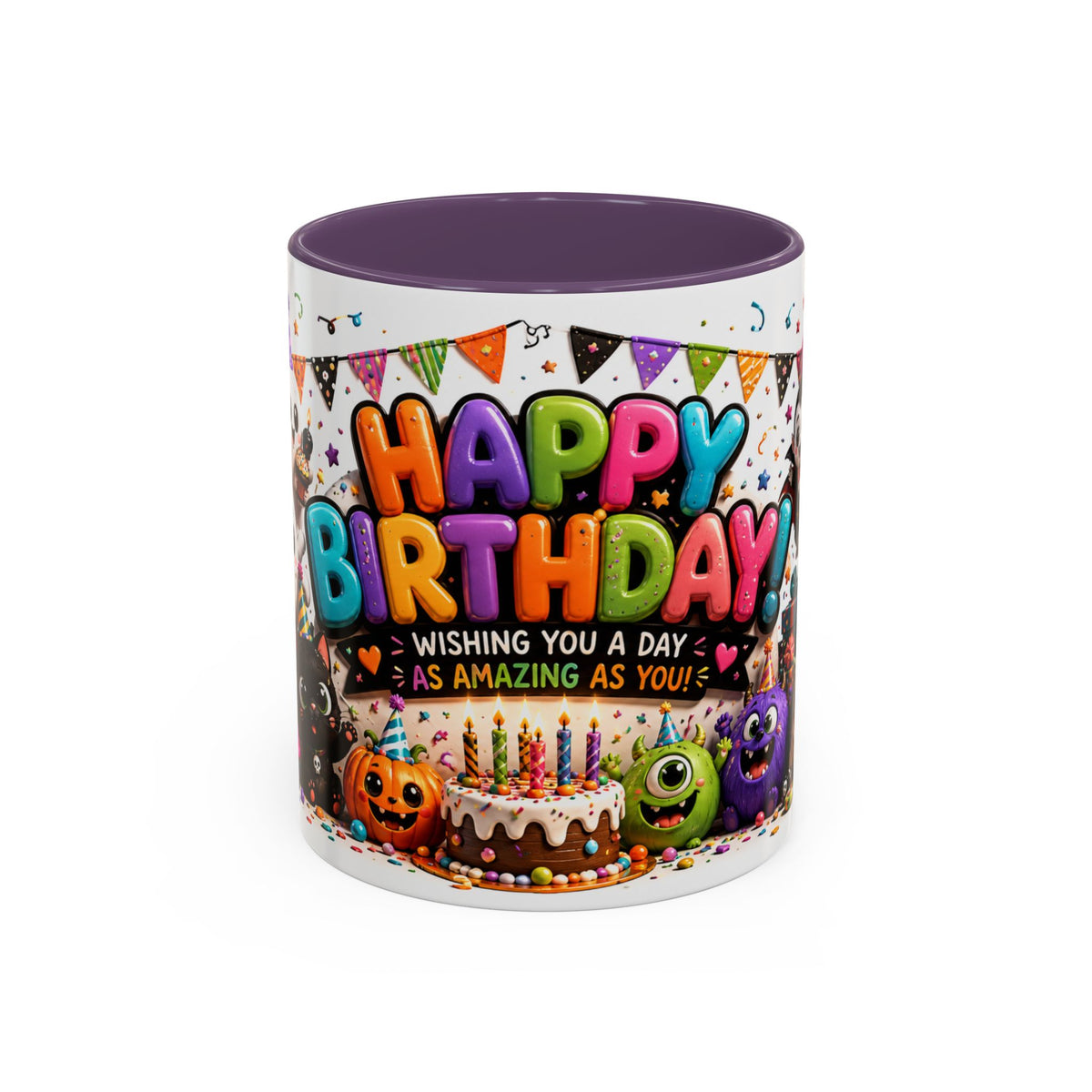 Happy Birthday Accent Coffee Mug — Colorful 3D Birthday Party Design (11/15oz)