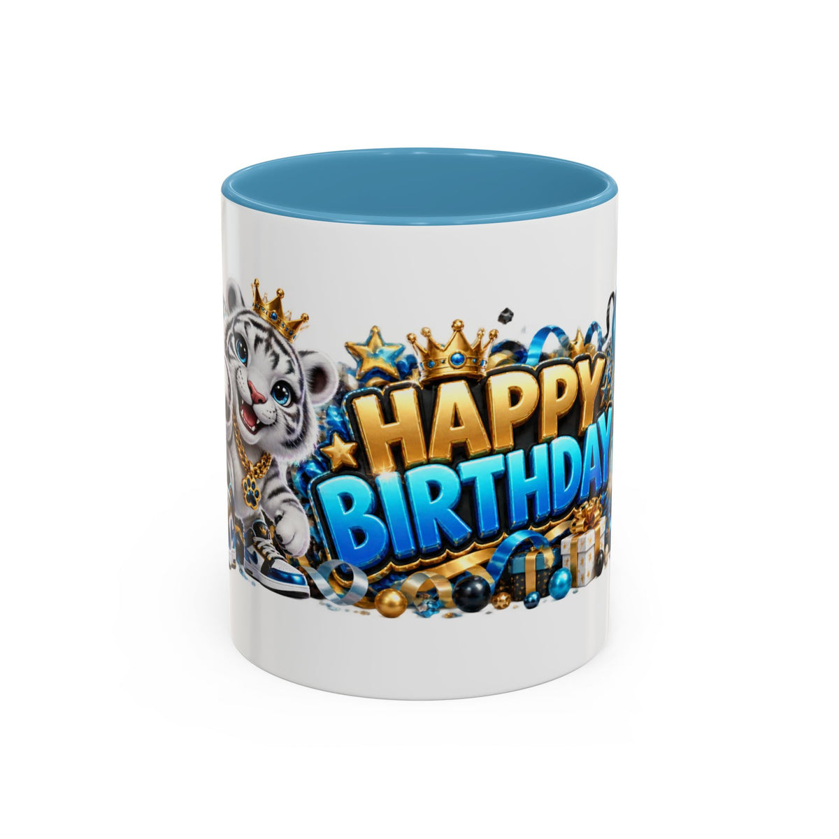 Happy Birthday White Tiger Mug – Colorful 3D Birthday Gift – White Coffee Mug