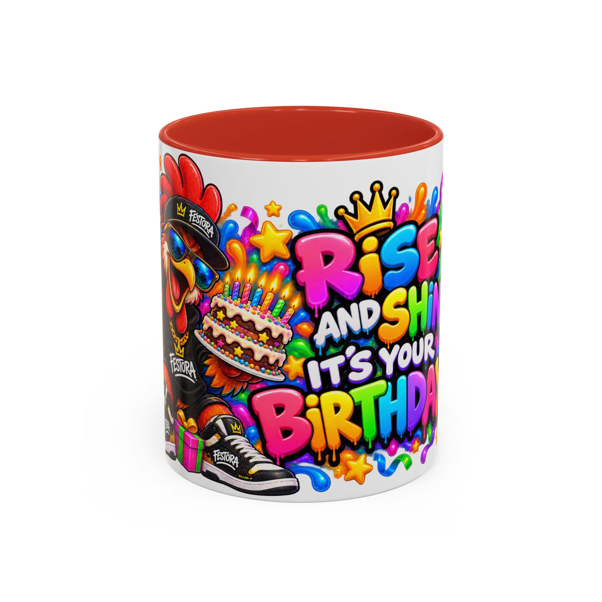 RISE AND SHINE… IT’S YOUR BIRTHDAY! White Ceramic Mug – Funny Rooster Birthday Coffee Cup – Colorful Party Gift – Original FestoraShop Design