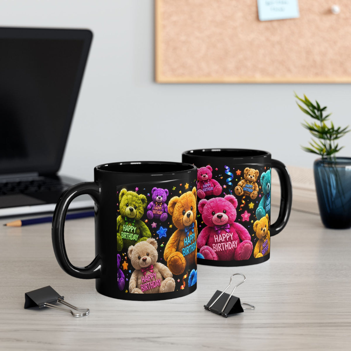 Happy Birthday Teddy Bear Mug — Colorful Black Birthday Coffee Cup (11oz/15oz)