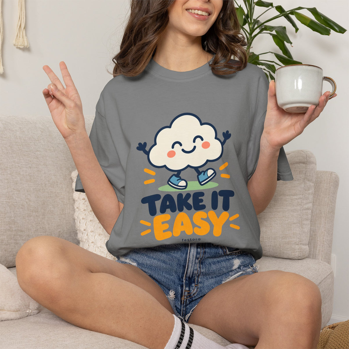 Take It Easy – Happy Cloud Graphic T-Shirt | Festora Everyday