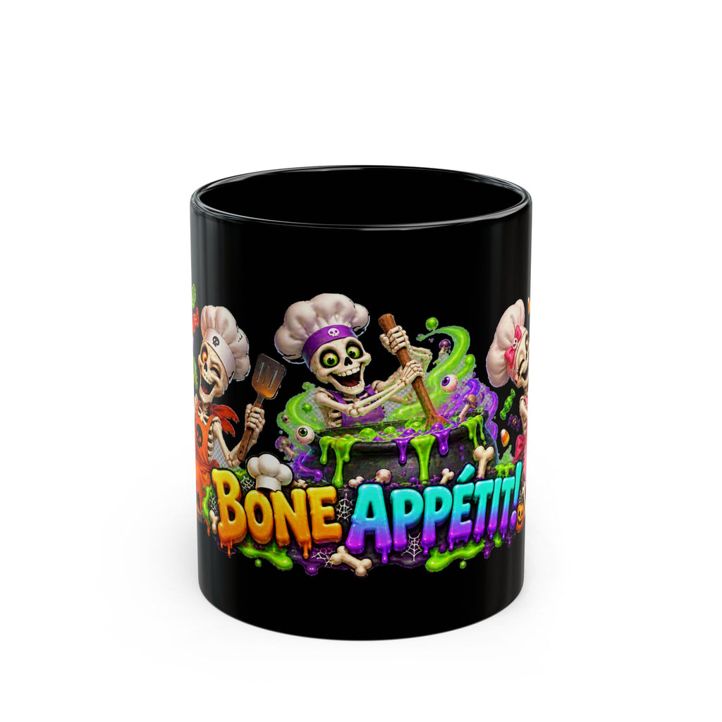 Bone Appetit Skeleton Chefs Halloween Black Mug