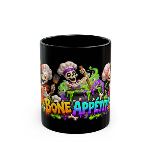 Bone Appetit Skeleton Chefs Halloween Black Mug