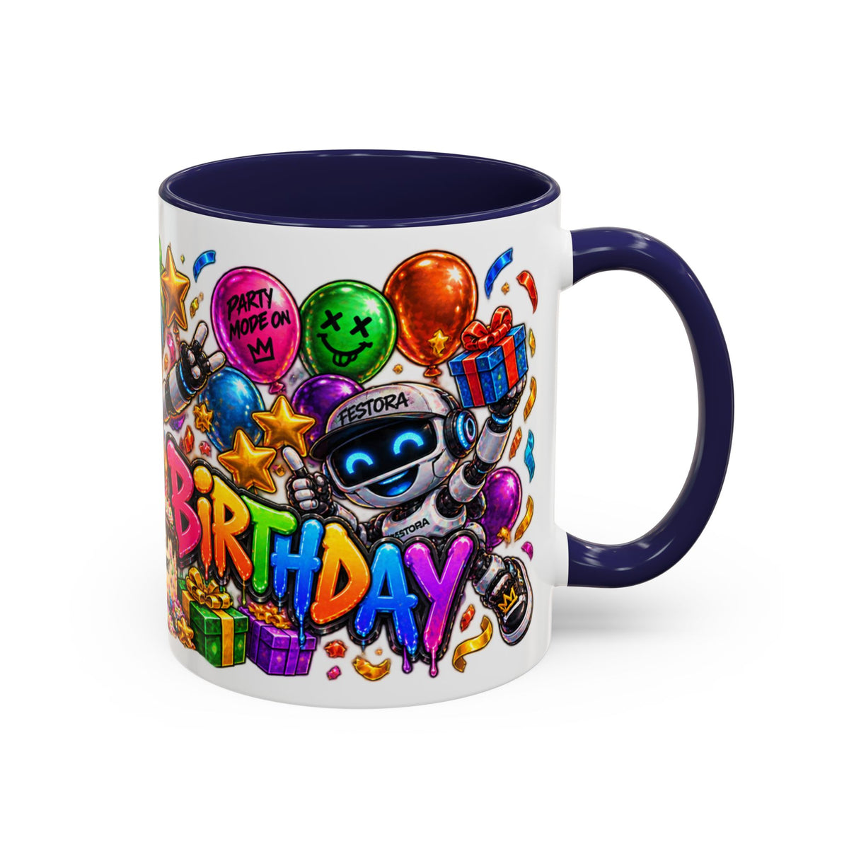 Birthday Robot Coffee Mug — Colorful Happy Birthday Accent Mug (11oz)