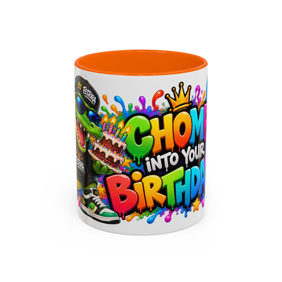 CHOMP INTO YOUR BIRTHDAY! White Ceramic Mug – Funny Crocodile Birthday Coffee Cup – Colorful Party Gift – Original FestoraShop Design