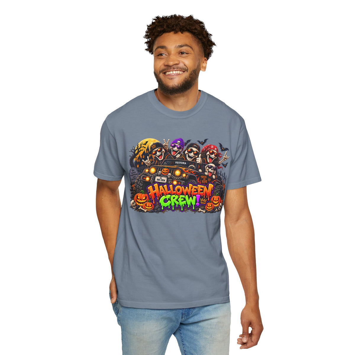 Halloween Crew T-Shirt – Skeleton Jeep Spooky Graphic Tee